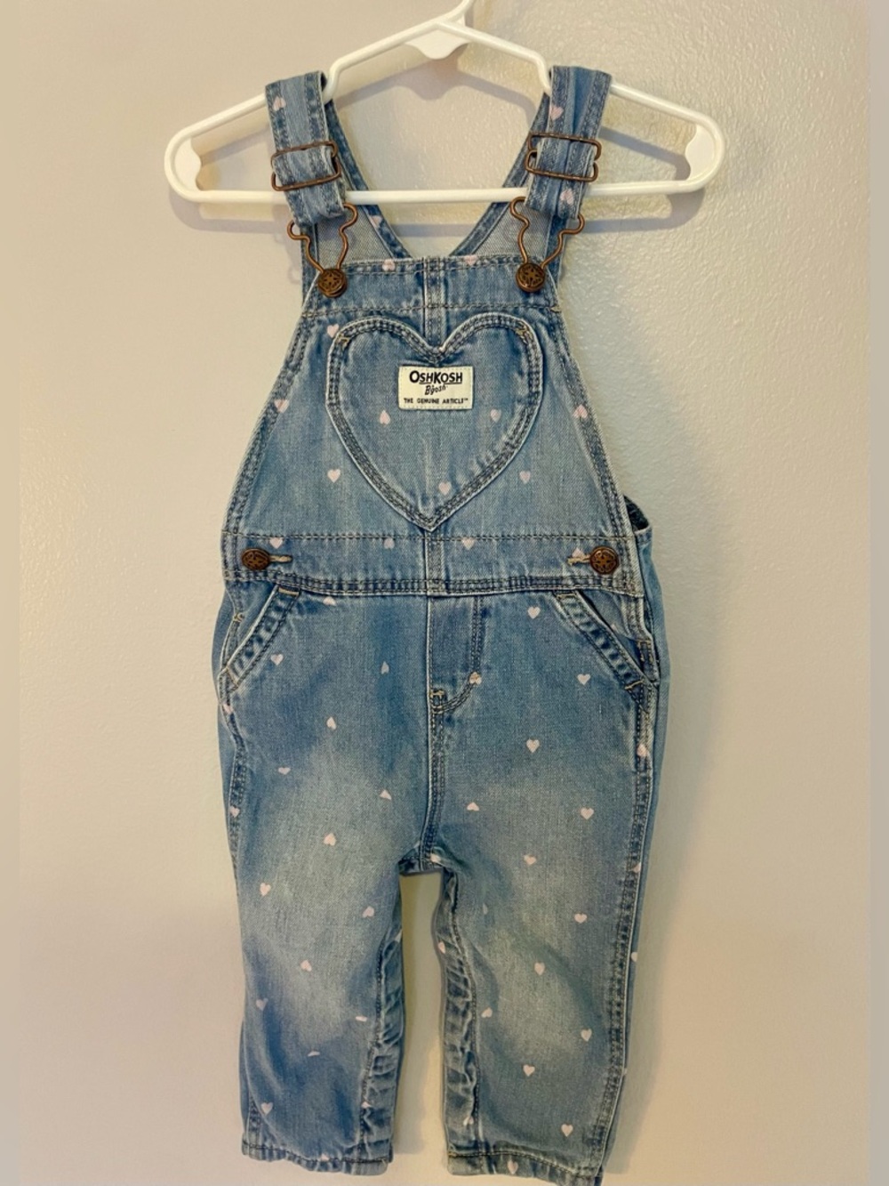 OshKosh B’gosh Denim Overalls w/ Pink Hearts, 12M (EUC)